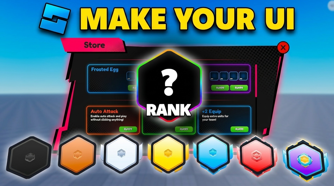 Stylized Roblox Studio UI mockup with neon health bar, inventory slots, minimap and game HUD on a dark background
