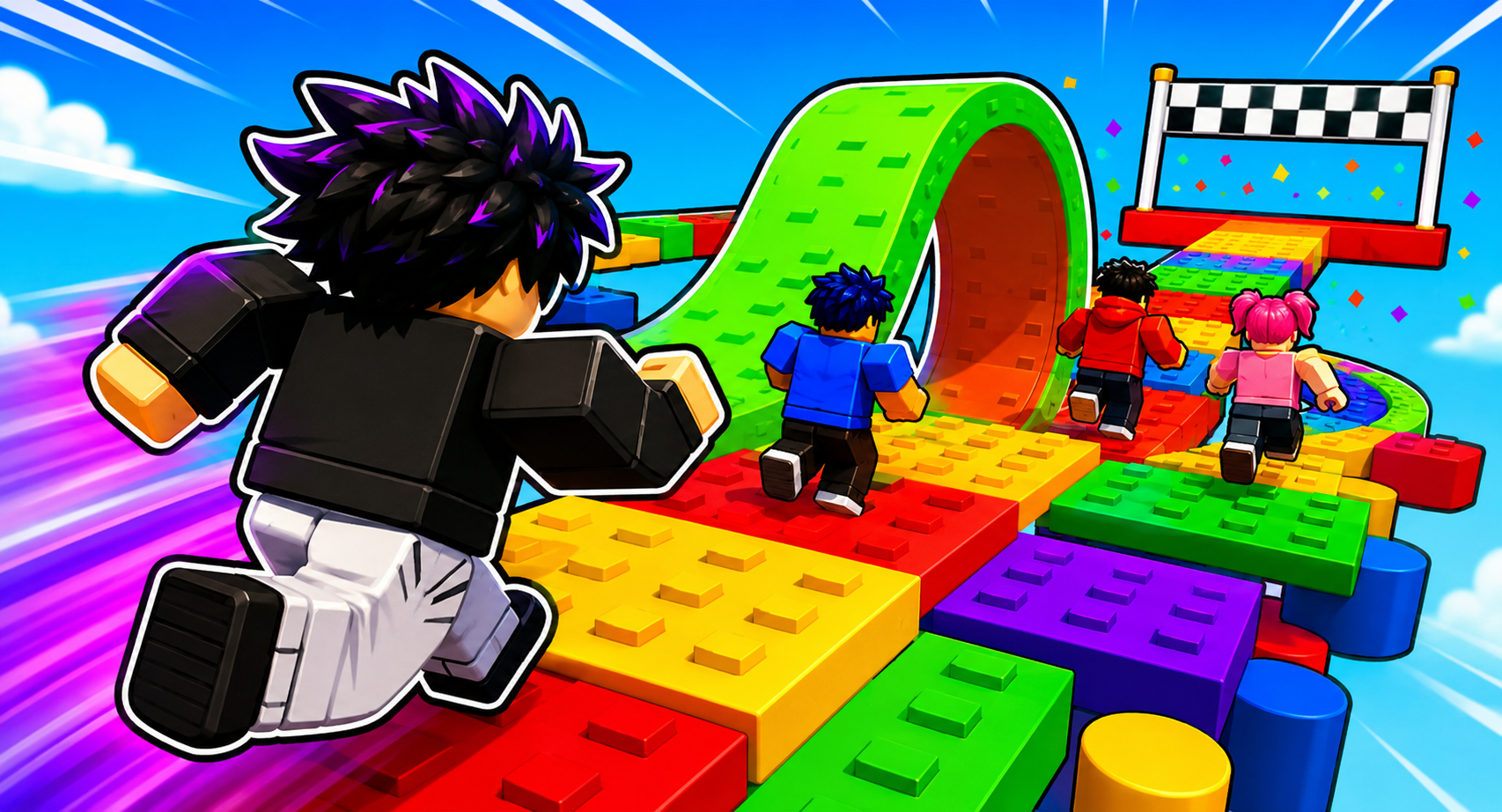 Vibrant Roblox game thumbnail featuring a stylized character with glowing sword on a neon explosion background
